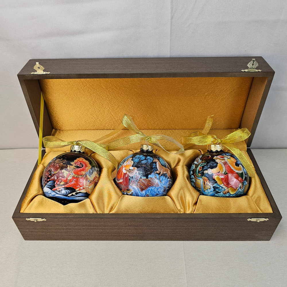 Набор из 3-х ёлочных шаров  "Сказки" с росписью Палех