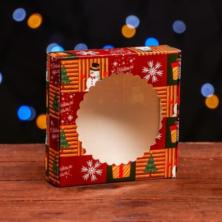 Упаковка для пряников и печенья с окном 11,5*11,5*3 см (Новогодняя атмосфера)
