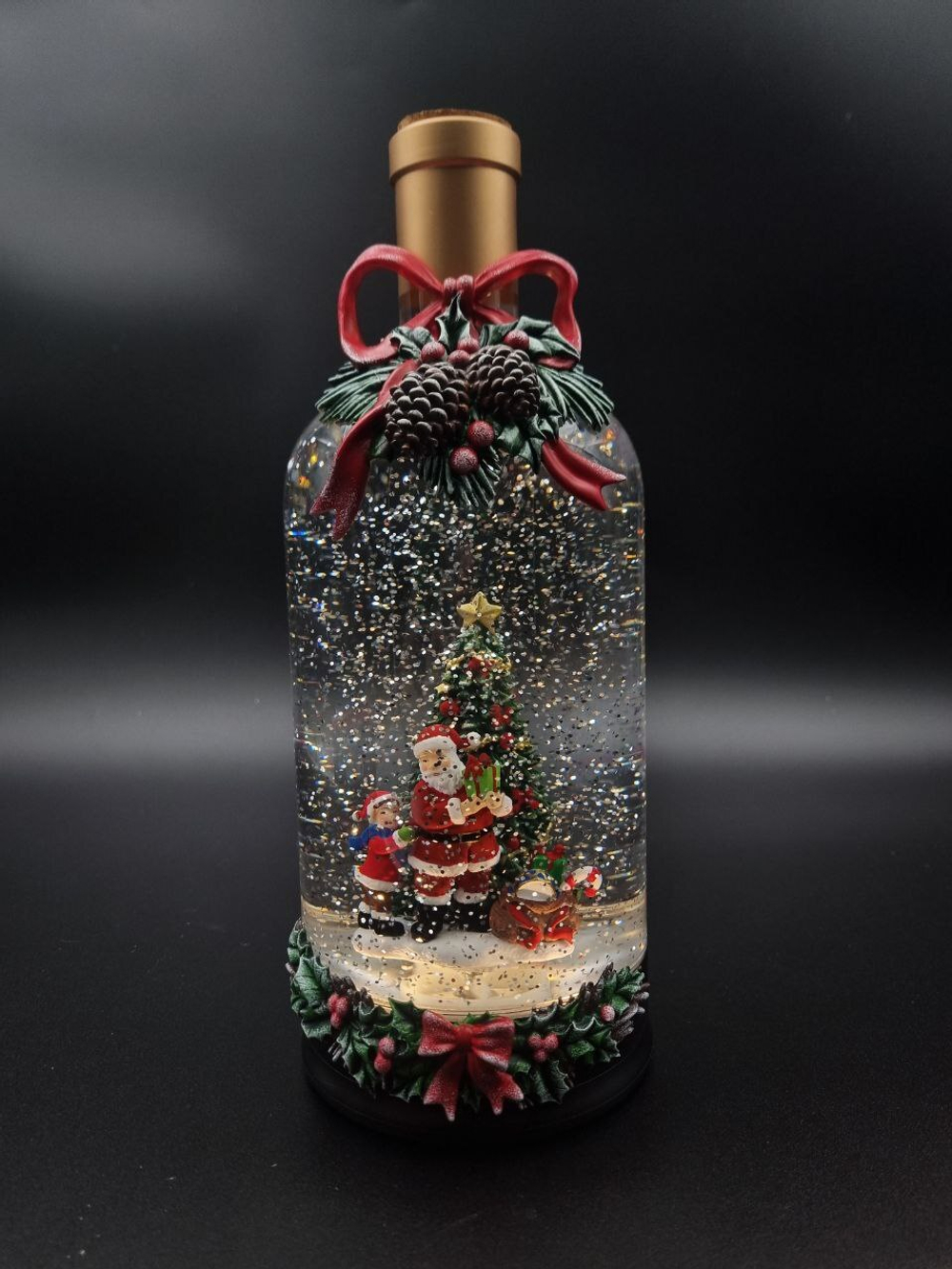Бутылка новогодняя светящаяся музыкальная сеть/батарейки 11*23*26,5см QW802