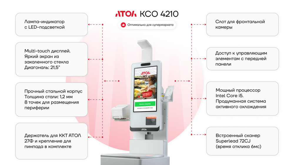 Касса самообслуживания АТОЛ КСО 4210 (21,5", i5-1135G7, SSD, 4/128GB), Wi-Fi, без ОС, 72CJ, Ind., Кр. пин-пад, Кр. ФР