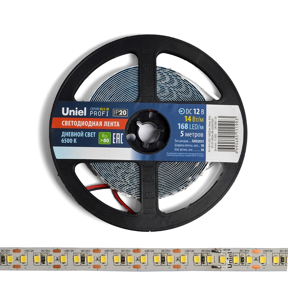 ULS-M14-2835-168LED-m-10mm-IP20-DC12V-14W-m-5M-6500K PROFI Гибкая светодиодная лента на самоклеящейся основе. Катушка 5м. в герметичной упаковке. Дневной свет 6500K. ТМ Uniel.