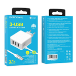 Сетевой адаптер питания BOROFONE BA42A 3USB 3.1A + встроенный кабель Type-C (белый)