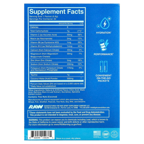 Raw Nutrition, Bum, Hydration, электролитная формула, со вкусом голубой малины, 20 пакетиков по 6,1 г (0,22 унции)