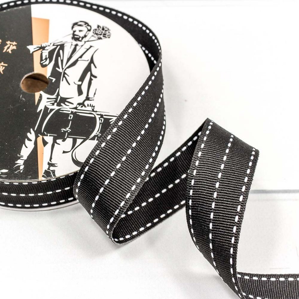 Лента Полиэстер 2,6см х 22м в пунктирную полоску (Черный)