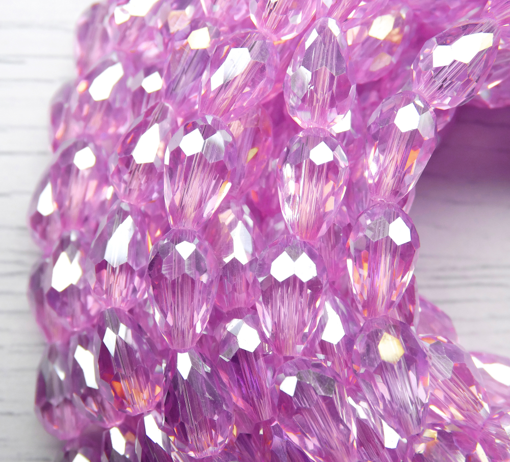 БК016ДС118 Хрустальные бусины-капли, цвет: ярко-розовый AB прозрачный, 11х8 мм, кол-во: 15 шт.