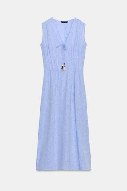 ZARA ЛЬНЯНОЕ ПЛАТЬЕ МИДИ СО СКЛАДКАМИ, СИНИЙ