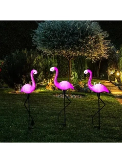 Светильники садовые уличные на солнечной батарее, фламинго, материал изделия abs-пластик, набор из 3 шт, розовый и черный