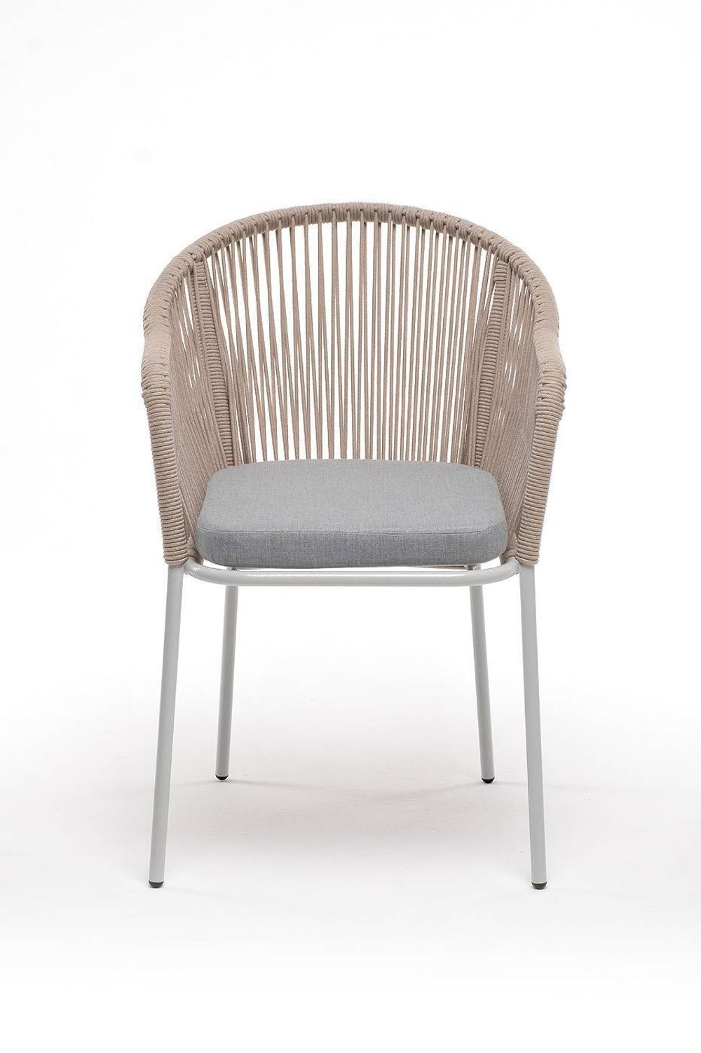 "Лион" стул плетеный из роупа, каркас из стали светло-серый (RAL7035) муар, роуп бежевый круглый, ткань светло-серая