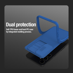 Чехол синего цвета с защитной шторкой для камеры от Nillkin на Samsung Galaxy S24+ Плюс, серия CamShield Pro Case