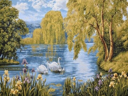 Гобеленовая картина "D. ЛЕБЕДИНАЯ СЕМЬЯ" в багетной раме, Россия.