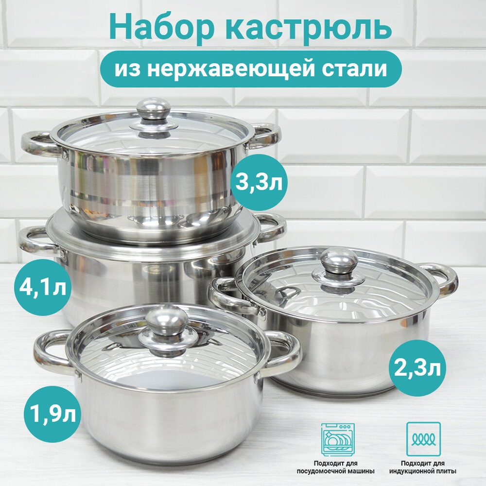 Набор кастрюль 4 предмета (20см, 22см, 24см, 26см) нерж, индукционное дно