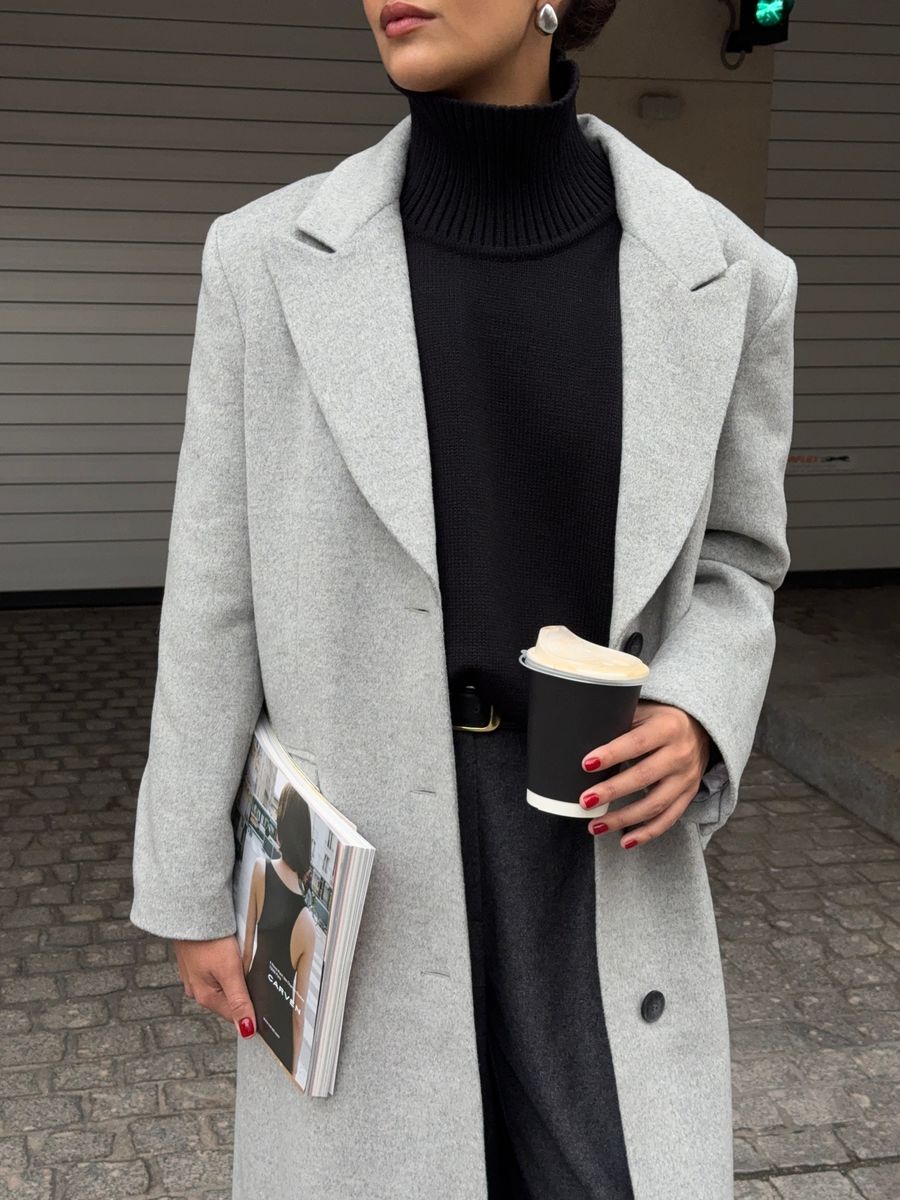 Пальто из смесовой шерсти однобортное серое