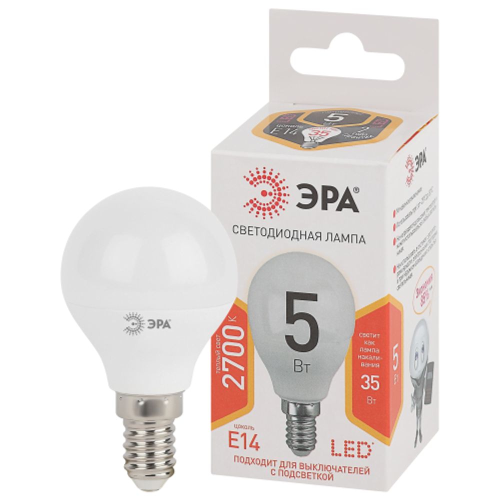 Лампочка светодиодная ЭРА STD LED P45-5W-827-E14 E14 / Е14 5Вт шар теплый белый свет | Лампы cветодиодные Шар (G/P)