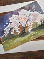 Картина авторская акварельная в паспарту 30х40 см на стену для интерьера "Цветущая сакура"