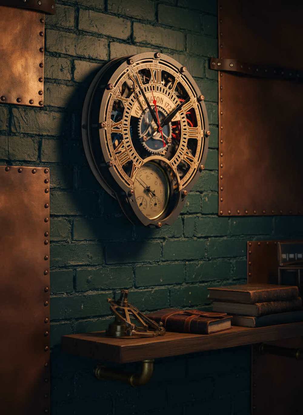 Настенные часы-метеостанция WOODandROOT Automaton 1722 на зелёной стене с латунными элементами — барометр, термометр и гигрометр в корпусе с шестерёнками