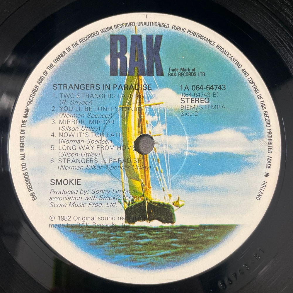 Винтажная виниловая пластинка LP Smokie Смоуки Strangers In Paradise (Нидерланды 1982)