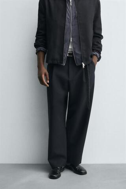 ZARA БРЮКИ RELAXED FIT СО СКЛАДКАМИ, МОРСКОЙ СИНИЙ
