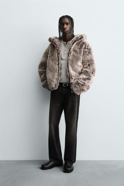 ZARA КУРТКА ИЗ ИСКУССТВЕННОГО МЕХА С КАПЮШОНОМ, СЕРОВАТО-КОРИЧНЕВЫЙ