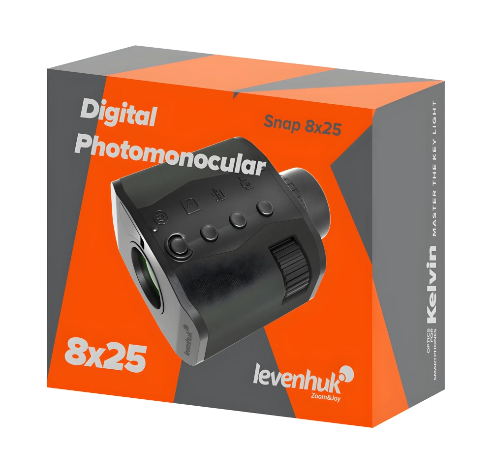 Фотомонокуляр цифровой Levenhuk Kelvin Snap 8x25 - вид упаковки с надписями