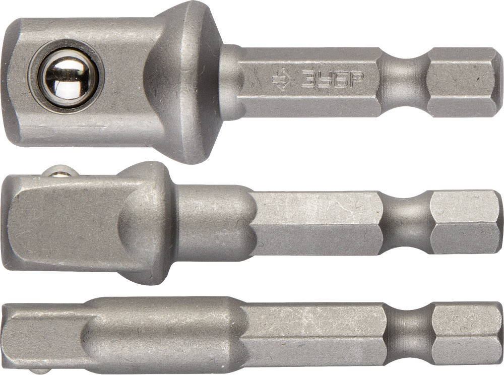 Набор ЗУБР Адаптеры ″ЭКСПЕРТ″ для торцовых головок, E1/4″ - 1/4″, E1/4″ - 3/8″, E1/4″ - 1/2″, 3 предмета