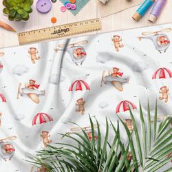 Ткань футер 2-х нитка мишки на самолёте и парашюте