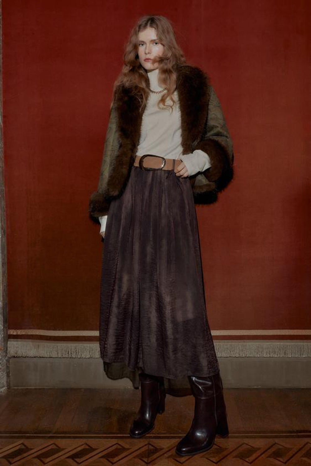 ZARA ЮБКА МИДИ С РАЗМЫТЫМ ПРИНТОМ И РЕМНЕМ, КОРИЧНЕВЫЙ/ЗЕЛЕНЫЙ