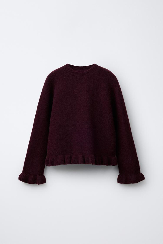 ZARA ВЯЗАНЫЙ ДЖЕМПЕР С ВОЛАНАМИ, ВИННЫЙ