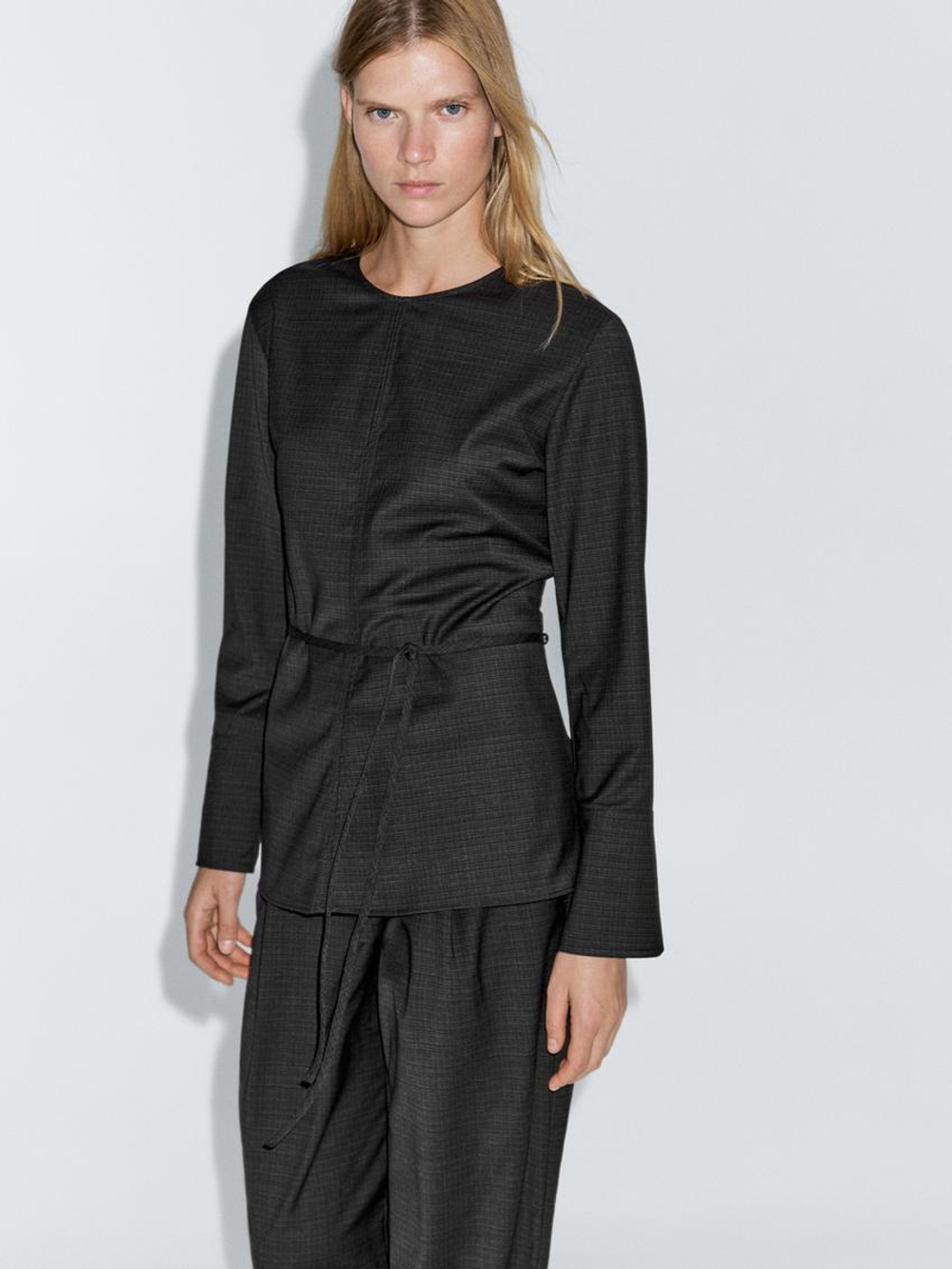 Massimo Dutti Блуза из смесовой шерсти с поясом, черный