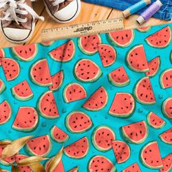 Ткань премиум шелк искусственный Армани дольки арбуза на голубом