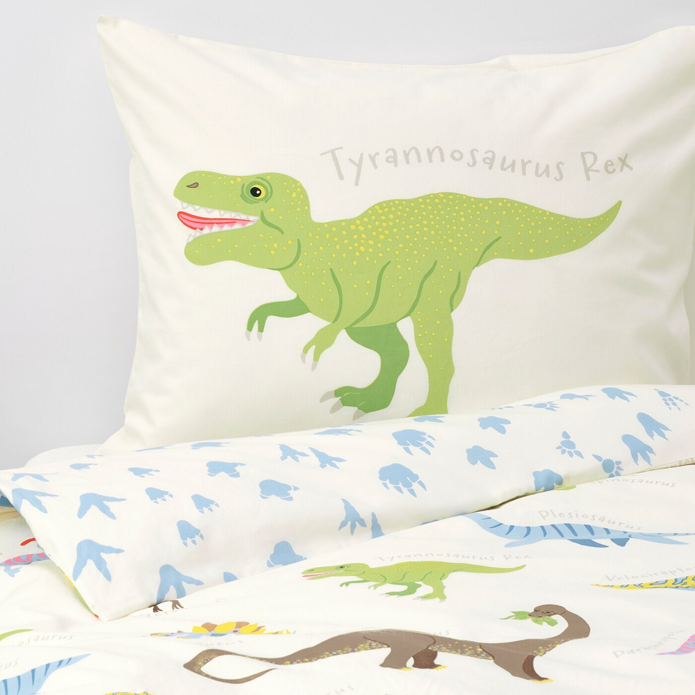 IKEA JÄTTELIK  (ИКЕА ЙÄТТЕЛИК)  -  Пододеяльник и наволочка, динозавры/белый, 150x200/50x60 см