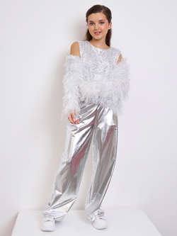 Костюм тройка брючный праздничный с пайетками для девочки металл серебро