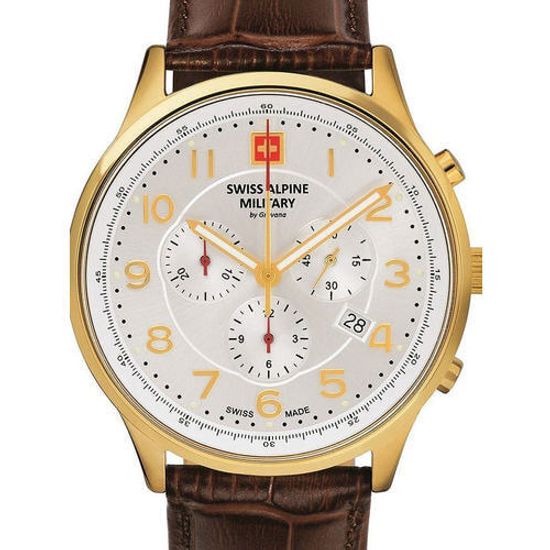 С ремешком Мужские наручные часы с коричневым кожаным ремешком Swiss Alpine Military 7084.9512 Chronograph 43mm 10ATM