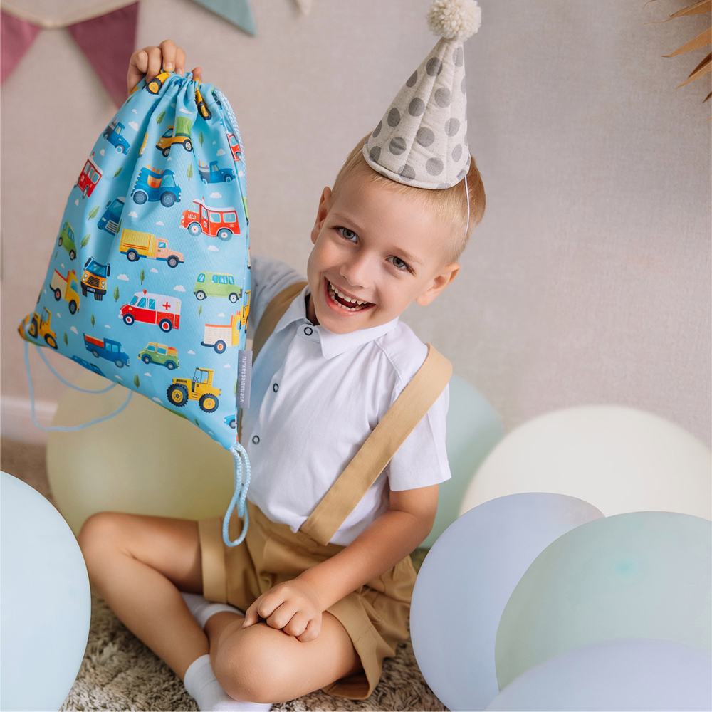 Мешок в садик 33х40, Машинки принт (голубой)