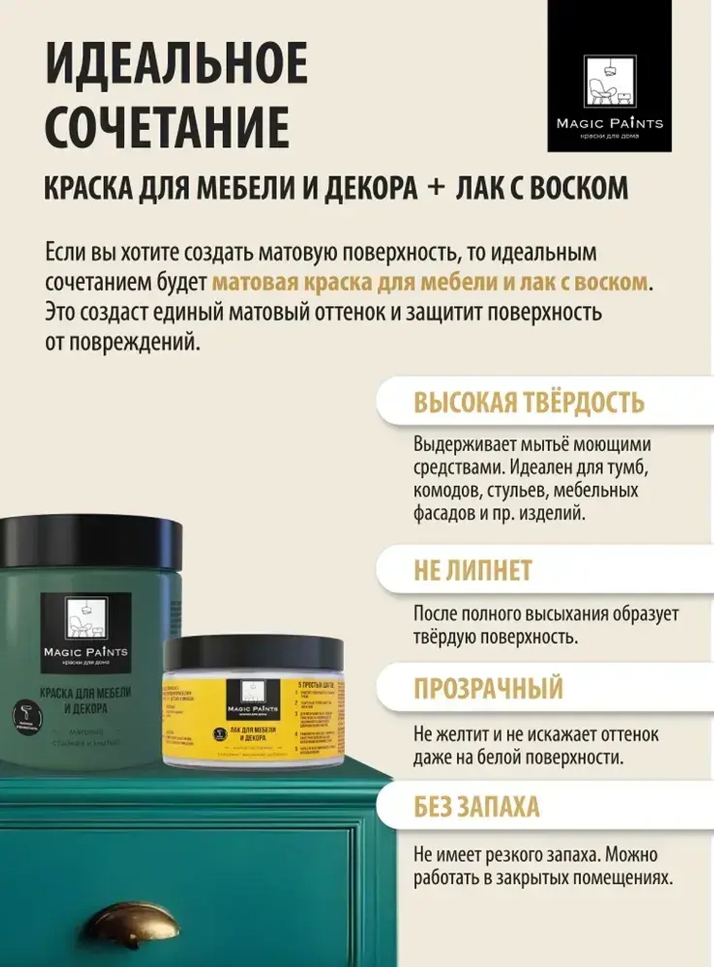 Лак акриловый для мебели и декора, защиты и творчества, износостойкий матовый бесцветный Magic Paints, 0.25 кг