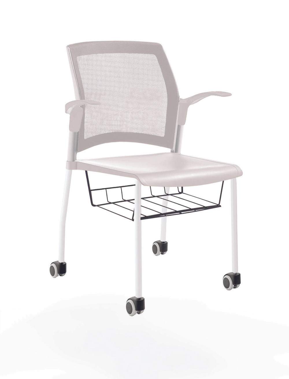 стул Rewind на 4 ногах и колесах, каркас белый, пластик белый, с открытыми подлокотниками, с подседельной корзиной, спинка-сетка