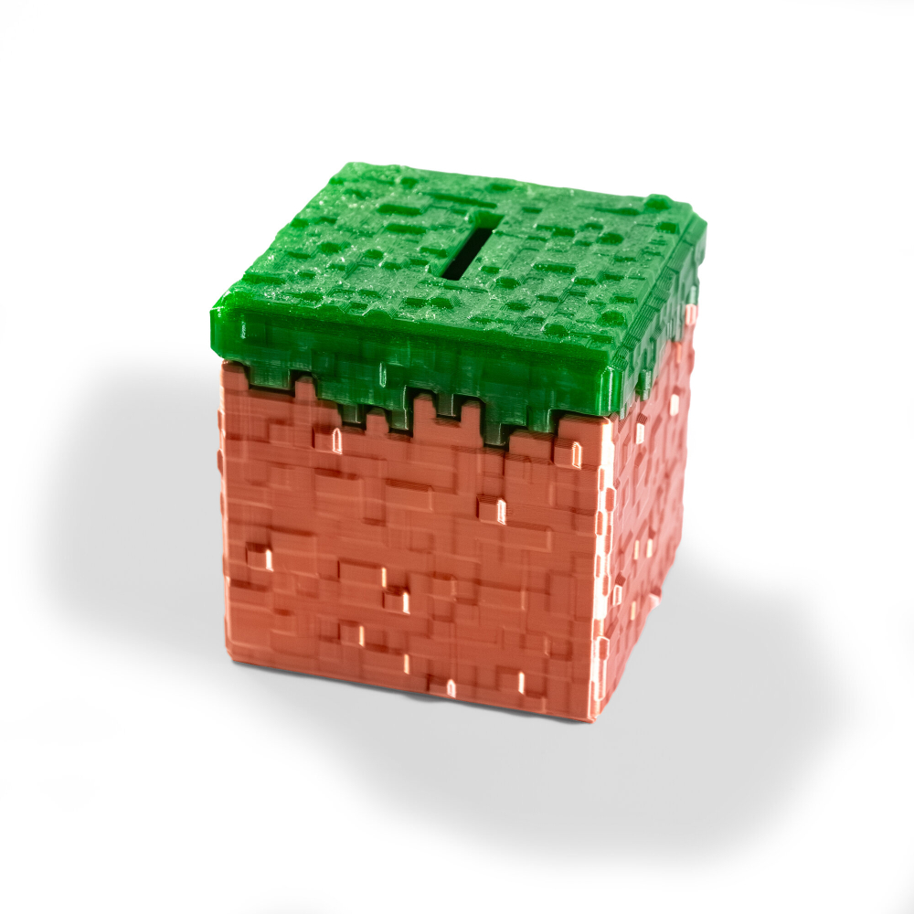 Копилка "Minecraft" Майнкрафт в виде травяного блока, 3D печать, 8х7.5х7.5см, медно-зеленый