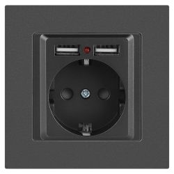 Розетка Intro Accent 6-410-07 с заземлением 2P+E Schuko со шторками 16А-250В + 2хUSB IP20 СУ графит