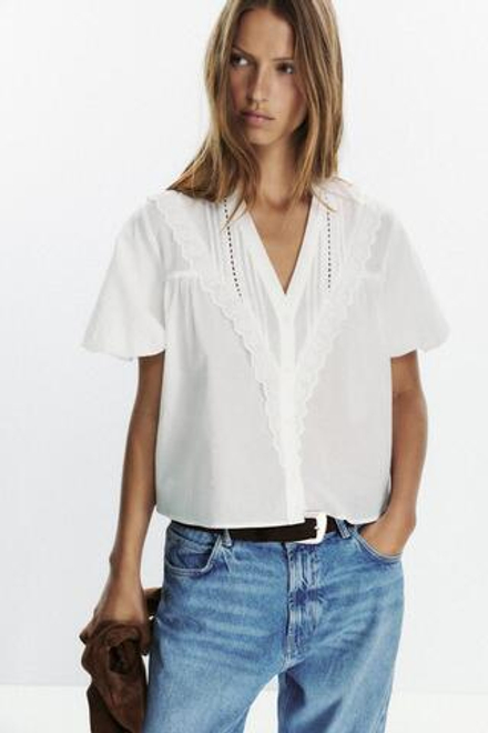 ZARA БЛУЗА С РУКАВАМИ СО СБОРКОЙ ПО НИЗУ, БЕЛЫЙ