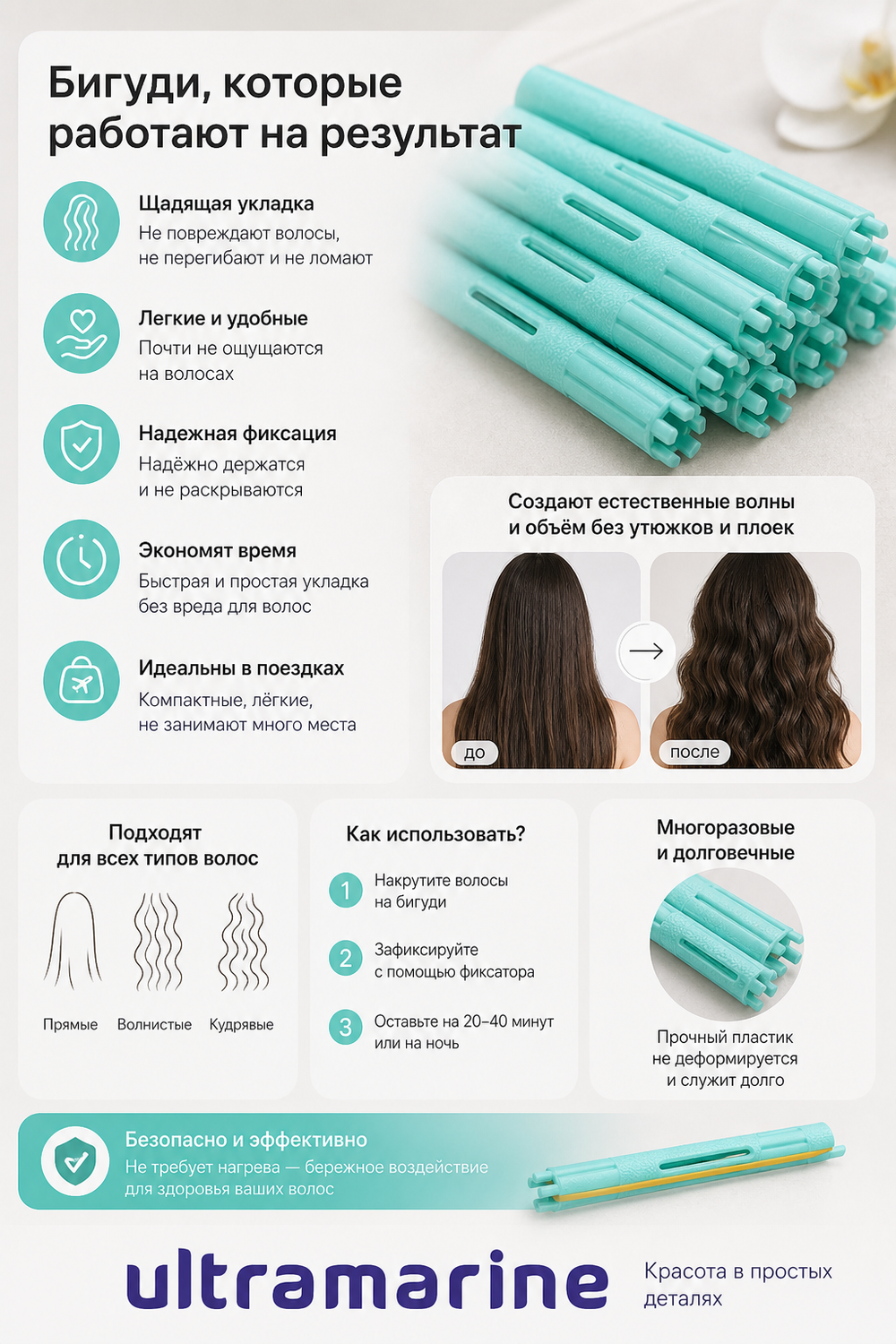 Бигуди пластмассовые-коклюшки 10шт d-1.1см «KUDRI», цвет мятный, (прозрачный пакет с подвесом)