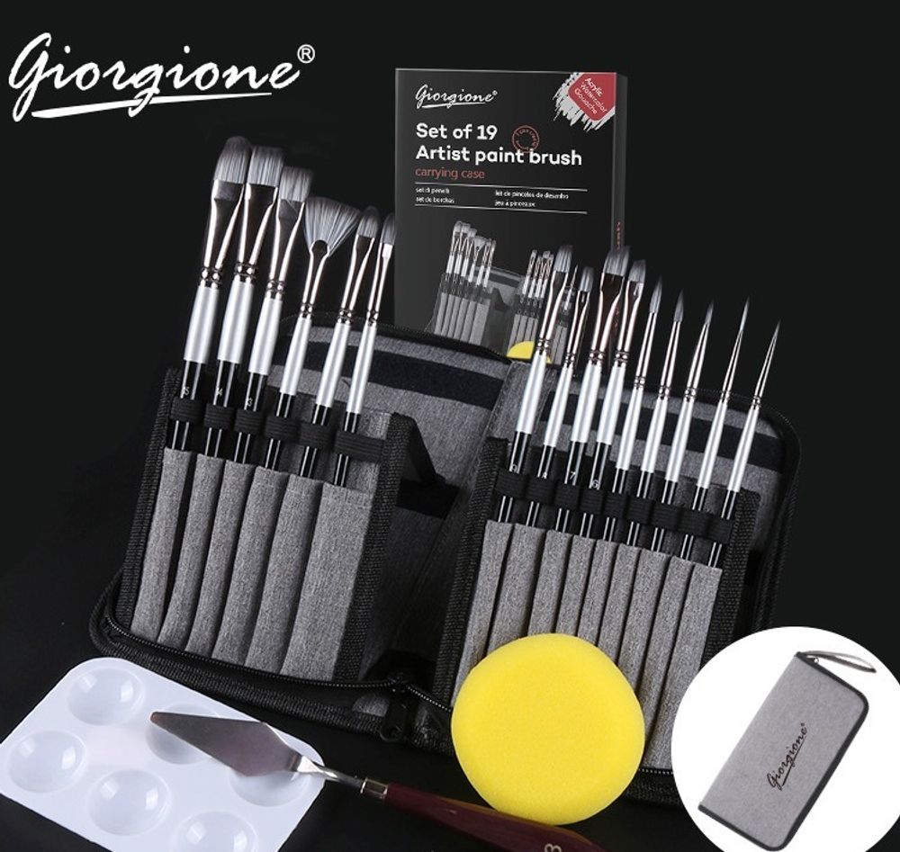 Набор кистей художественных Giorgione 19 пр. кисти мастихин палитра, ткань пенал, подар уп