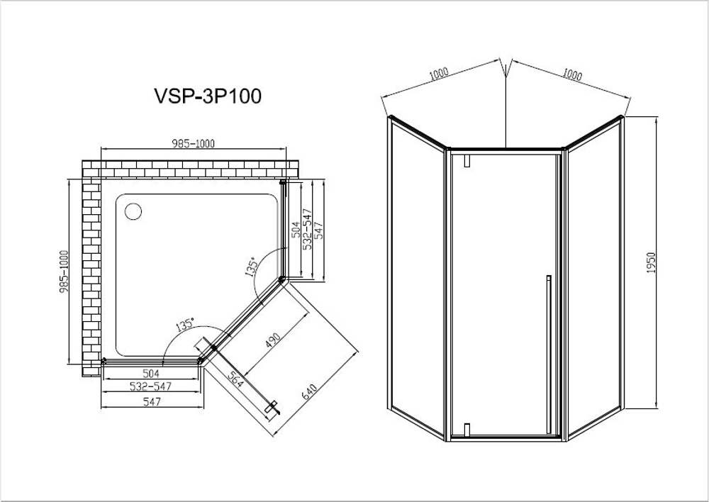 Душевой уголок Пента (Penta) Vincea VSP-3P100CLB, 1000*1000, черный, стекло прозрачное