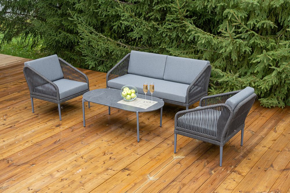 "Канны" лаунж-зона 4-местная (разборная) из роупа со столиком "Диего" цвета "серый гранит", роуп темно-серый круглый, ткань темно-серая