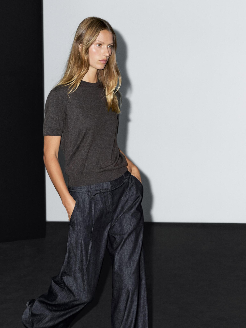 Massimo Dutti Джинсы с высокой талией и широкими штанинами, с ремнем, синий