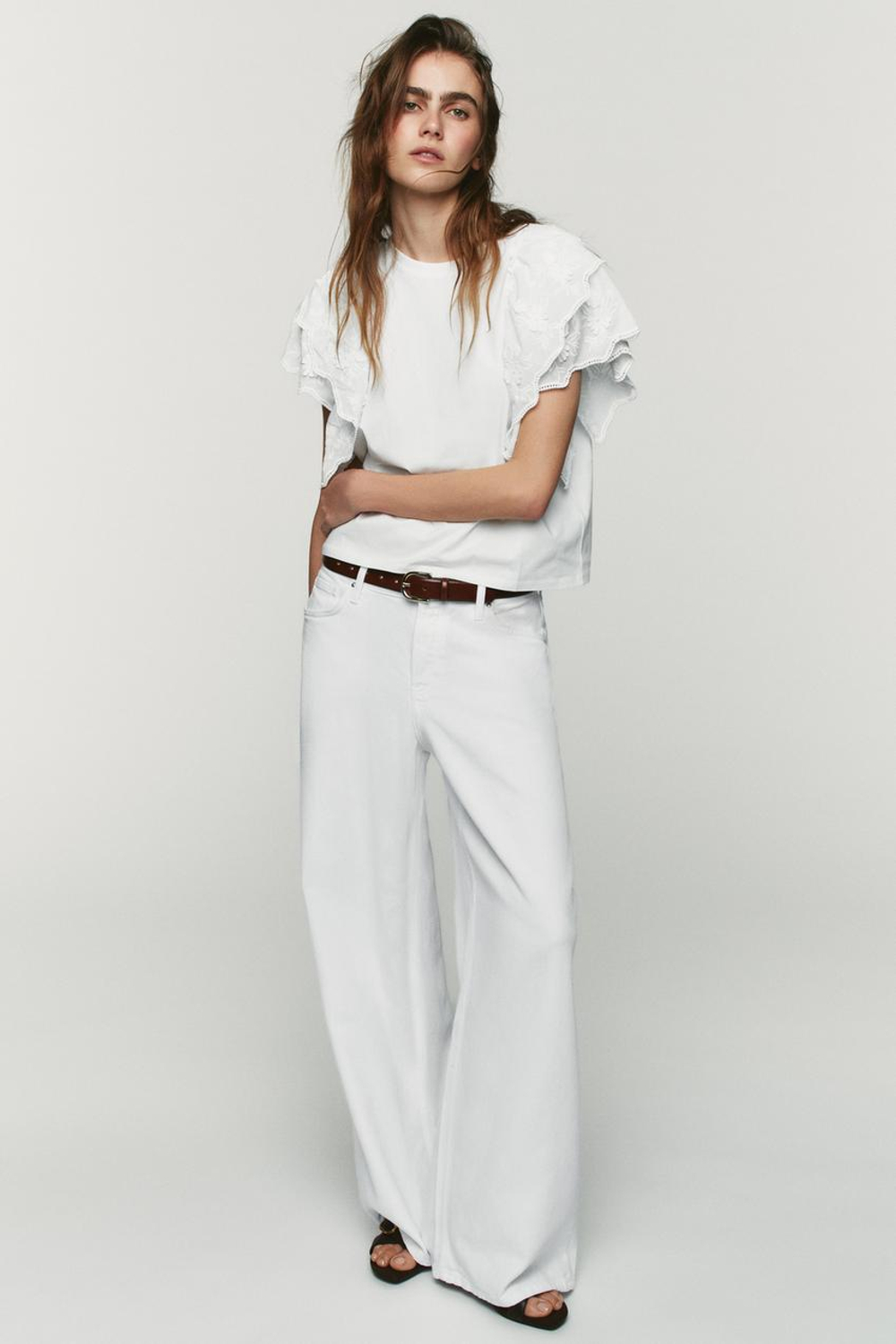 ZARA ФУТБОЛКА С ВОЛАНАМИ И КОРОТКИМИ РУКАВАМИ, БЕЛЫЙ