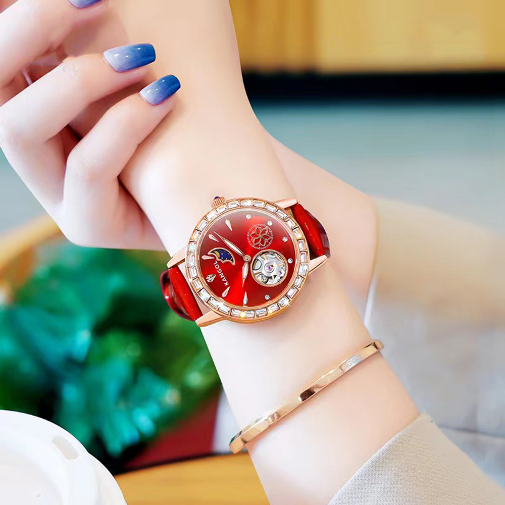 KANGOL Mother Of Pearl Collection Automatic Mechanical Movement Genuine Leather Strap Watch Women"s Watch