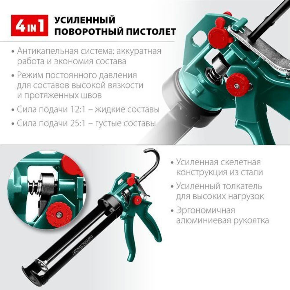 KRAFTOOL 310 мл, cкелетный поворотный пистолет для герметика Professional 4-in-1 06675