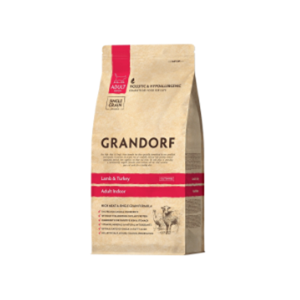 Сухой низкозерновой корм GRANDORF CAT Lamb&Turkey INDOOR корм для взрослых кошек, ягненок и индейка 8кг