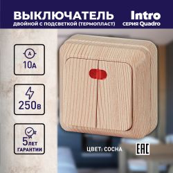 Выключатель Intro Quadro 2-105-11 двухклавишный с подсветкой, 10А-250В, IP20, ОУ, сосна