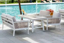 "Сан Ремо" диван 2-местный плетеный из роупа, каркас алюминий белый, роуп бежевый, ткань бежевая