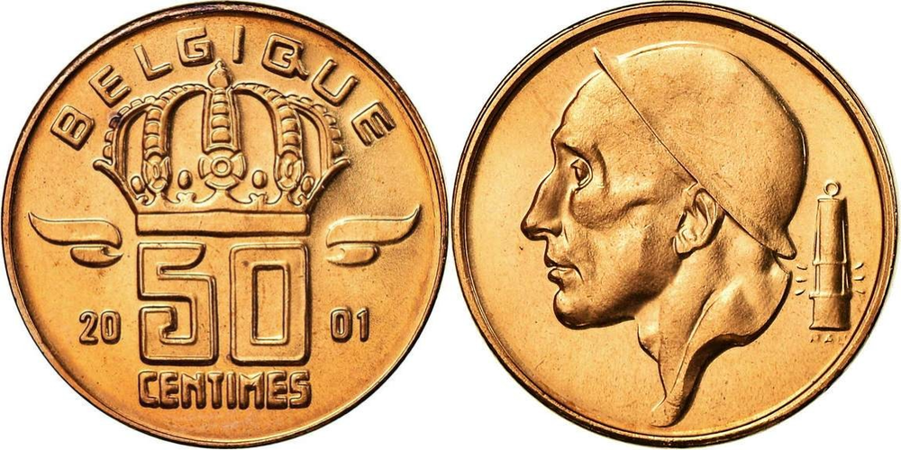 Бельгия 50 сантимов, 1966 Надпись на французском - 'BELGIQUE' Шахтёр XF